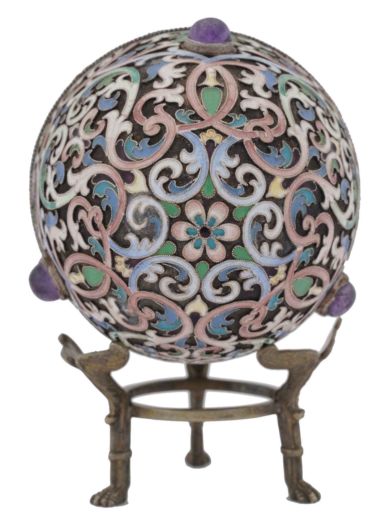 LARGE RUSSIAN SILVER ENAMEL EGG CASKET WITH STAND PIC-4